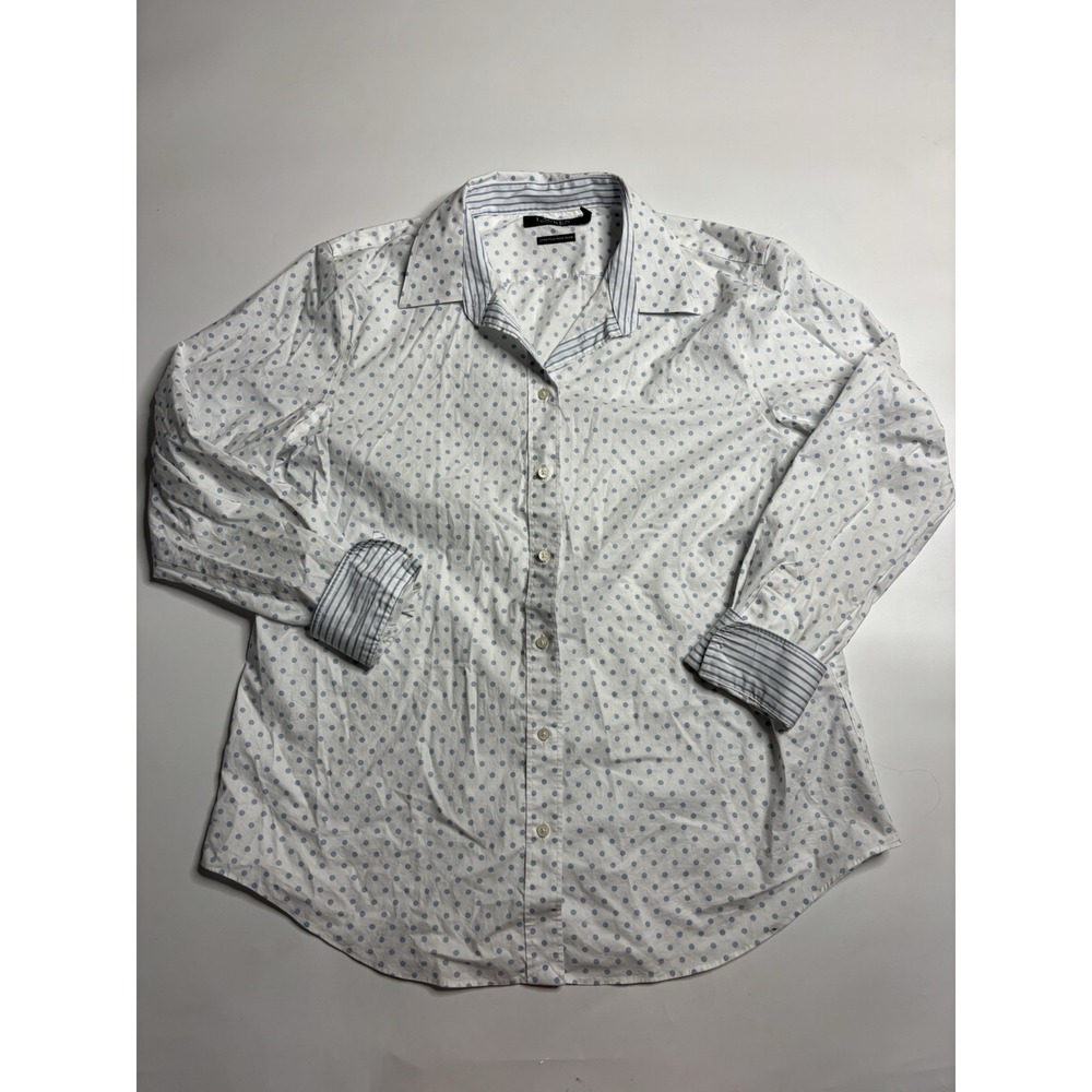 Lauren Ralph Lauren Womens XL White Blue Polka Dot Stretch Non Iron Button Shirt
